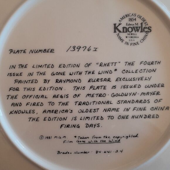 Knowles "Rhett" Gone with the Wind Vintage Plate - Picture 7 of 13